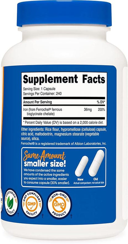 Nutricost Chelated Iron, As Ferrochel, 36mg, 240 Capsules (2 Bottles)