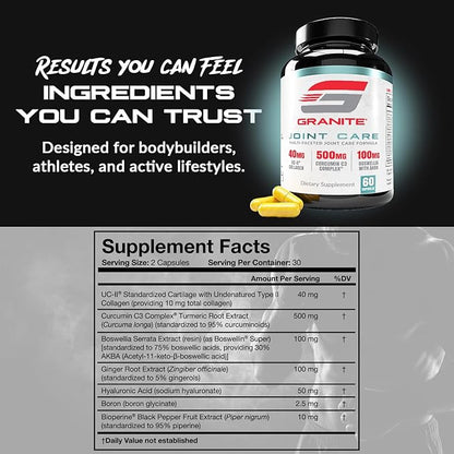 Granite Joint Care: Premium UC-II Collagen, Turmeric Curcumin C3, AKBA Boswellia + More - All-in-One Support for Joint Mobility, Comfort & Strength (60ct)