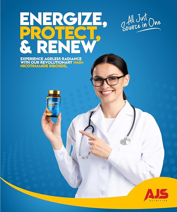 AJS NAD+ Cellular Energy – NR Supplement with PQQ, Resveratrol, Lycopene, Spermidine, L-Ergothioneine, and Collagen Peptides – 90 Capsules for Cellular Support & Skin Health