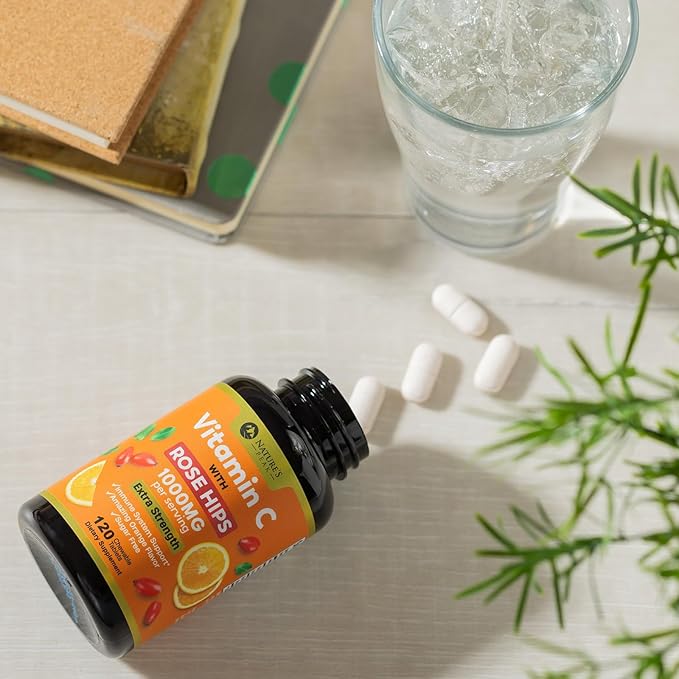 Vitamin C 1000mg Supplement - Extra Strength Chewable Immune Support Vitamin C Dietary Supplement with Rose HIPS, Nature's VitaminC Antioxidant Support, Natural, Vegan, Orange Flavor - 120 Tablets