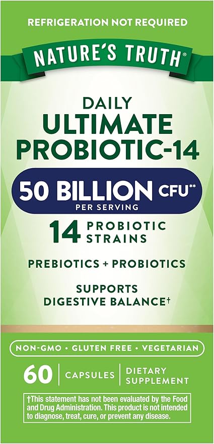Nature's Truth Probiotic 50 Billion CFU | 200mg Prebiotics | 60 Capsules | Vegetarian, Non-GMO & Gluten Free Supplement for Men and Women | Supports Digestive Health