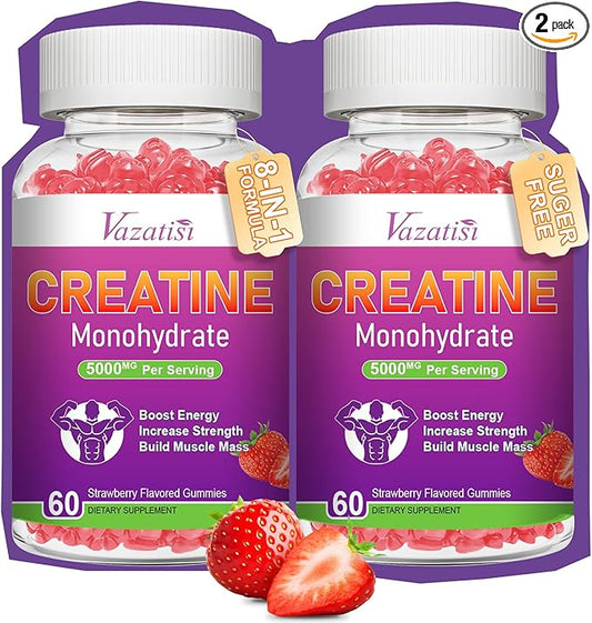 2 Pack Creatine Monohydrate Gummies for Women & Men, Sugar Free Vegan Creatine Supplement for Build Muscles, Increase Energy & Strength, Natural Strawberry Flavor, 120 Count
