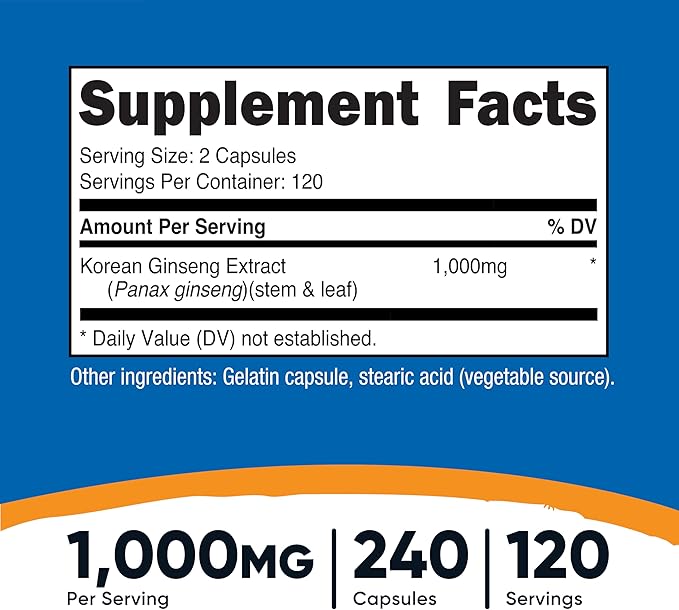 Nutricost Korean Ginseng 1000mg Serving, 240 Capsules - 500mg Per Capsule, 120 Servings - Korean Panax Red Ginseng - Gluten Free & Non-GMO