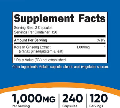 Nutricost Korean Ginseng 1000mg Serving, 240 Capsules - 500mg Per Capsule, 120 Servings - Korean Panax Red Ginseng - Gluten Free & Non-GMO