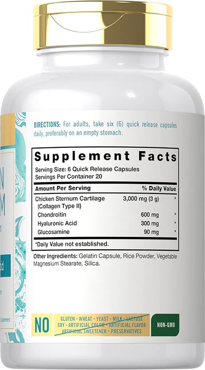 Carlyle Chicken Sternum Cartilage Collagen Capsules | Type II 3000mg | 120 Pills | with Hyaluronic Acid | Non-GMO, Gluten Free