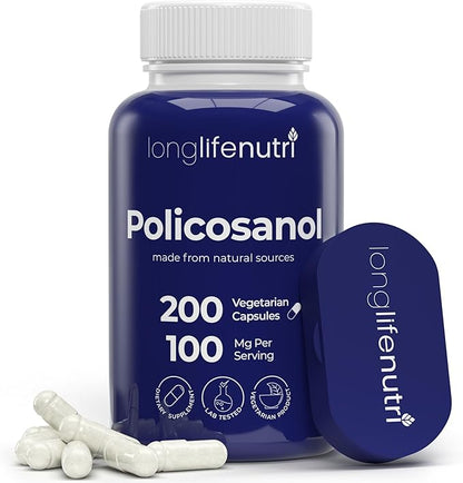 Policosanol 100mg - 200 Vegetarian Capsules, Natural Sugar Cane Supplement for Balanced Cholesterol, 3-Month Supply, Non-GMO, Lab Tested, Made in USA
