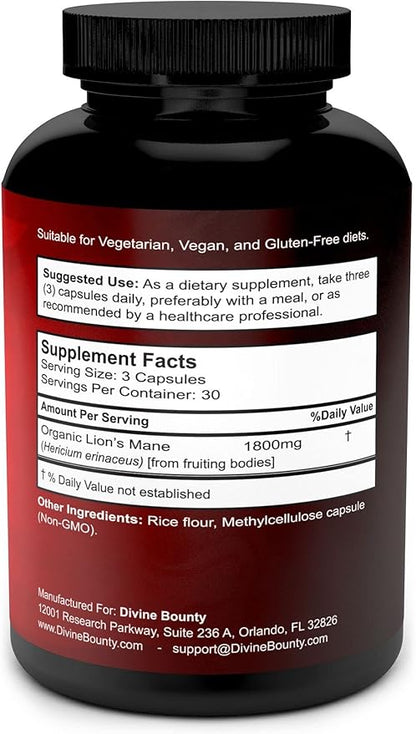 Organic Lions Mane Mushroom Capsules - 1800mg Strongest Lion's Mane Mushroom Supplement - Non-GMO Lions Mane Extract Powder - Nootropic Brain Supplement - Brain & Immune Support - 90 Vegetarian Caps