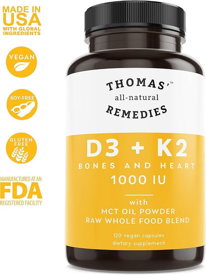 Thomas' all-natural Remedies D3 + K2 with MCT Oil for Better Absorption & Raw Whole Food Blend, 1000 IU D3, Vegan, Made in USA, Support for Your Heart, Bones & Teeth, Non-GMO (120ct)