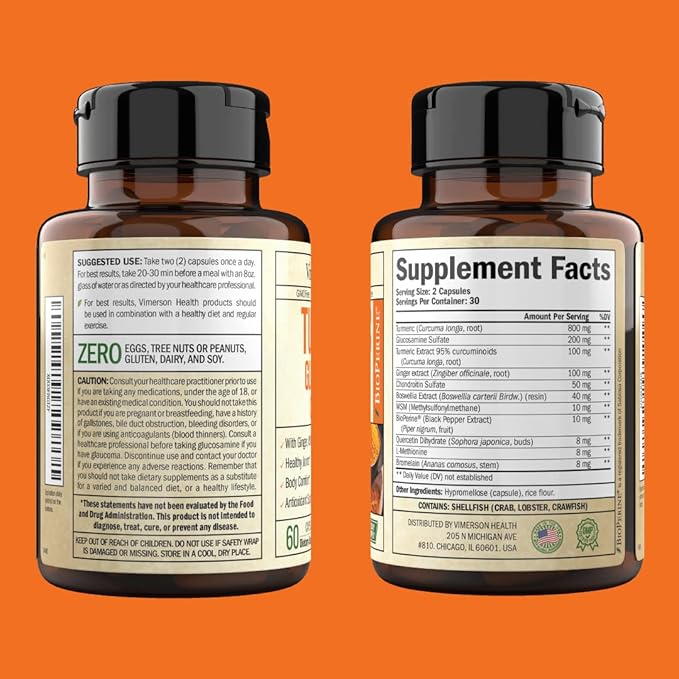 Turmeric Supplement with Glucosamine Chondroitin. Joint Supplements for Women & Men with Ginger, Boswellia, MSM & Tumeric Curcumin with Black Pepper (Bioperine). Aids Immune & Joint Support. 60 Caps