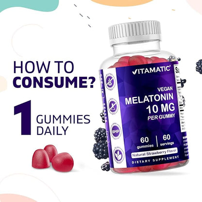 Vitamatic Melatonin 10 mg per Gummy - 60 Servings - 60 Vegetarian Gummies - Non-Habit Forming Supplement