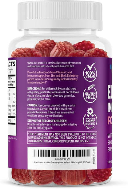 Elderberry Gummies for Kids with Zinc and Vitamin C - Immune Support Supplement for Children - 120 Count, Vegan, Berry Flavor - Convenient Daily Defense with Antioxidants and Essential Nutrients