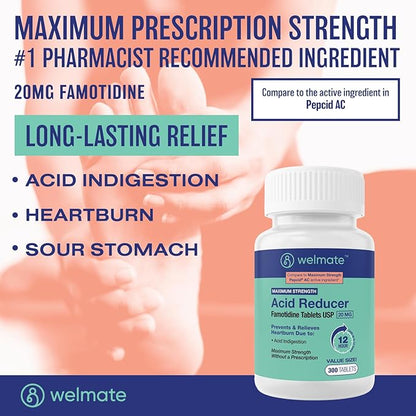 WELMATE - Famotidine Acid Reducer, 20mg - Maximum Strength - Heartburn Relief - Acid Indigestion - Stomach Relief - Works in 15 Minutes, 12 Hour Relief - Generic Medication - Value Size - 300 Tablets