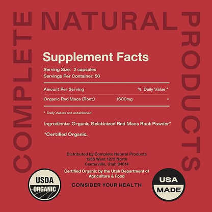Organic Red Maca Root Capsules - 800mg 100 Gelatinized Pills, Pure Red Raw Maca Root Powder Supplement