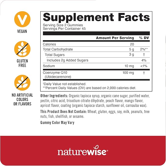 NatureWise CoQ10 Gummies 100mg - Peach Mango Flavor - Supplement for Heart Health & Antioxidant Activity - Pectin-Based, Vegan, Soy and Gluten Free, Non-GMO - 90 Count[45-Day Supply]