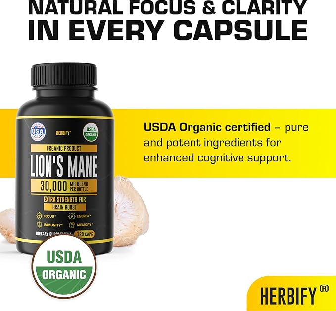 Lions Mane Supplement - Daily Mushroom Supplement for Memory, Focus & Clarity - Brain Booster - Lions Mane Capsules for Natural Immune Support - Vegan, Organic - 120 Capsules