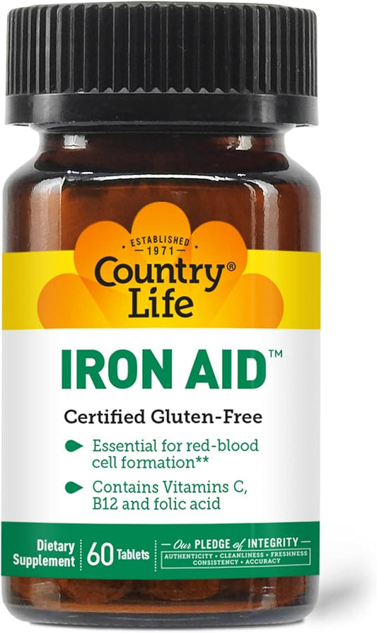 Country Life - Iron Aid, with Vitamins C, B-12, and Folic Acid - 60 Tablets