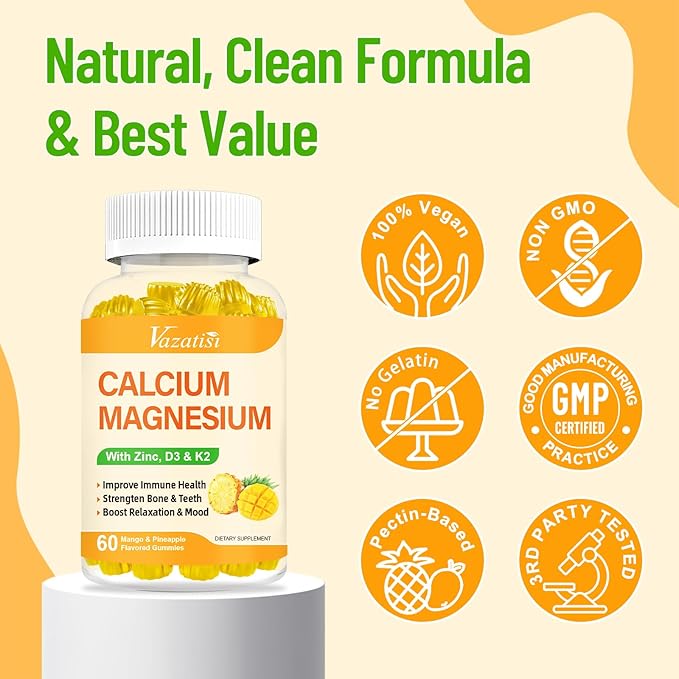 Calcium Magnesium Zinc Gummies with Vitamin D3 and K2, High Absorption Magnesium Glycinate Potassium for Immune and Calm Mood, Vegan Mango and Pineapple Flavor 60 Gummies