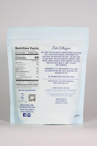 Fish Collagen, 1lb Bag, 37 Servings, 12g of Protien Per Serving, Gluten Free, Keto and Paleo Friendly, 0 Sugar, Non-Irradiated