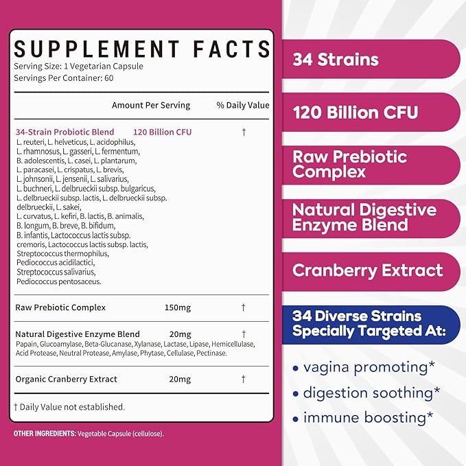 Probiotics for Women, 120 Billion CFU 34 Strains, Prebiotics, Digestive Enzymes, Cranberry, 4-in-1 Feminine Probiotic, Digestive, Vaginal, Immune Support, 60ct