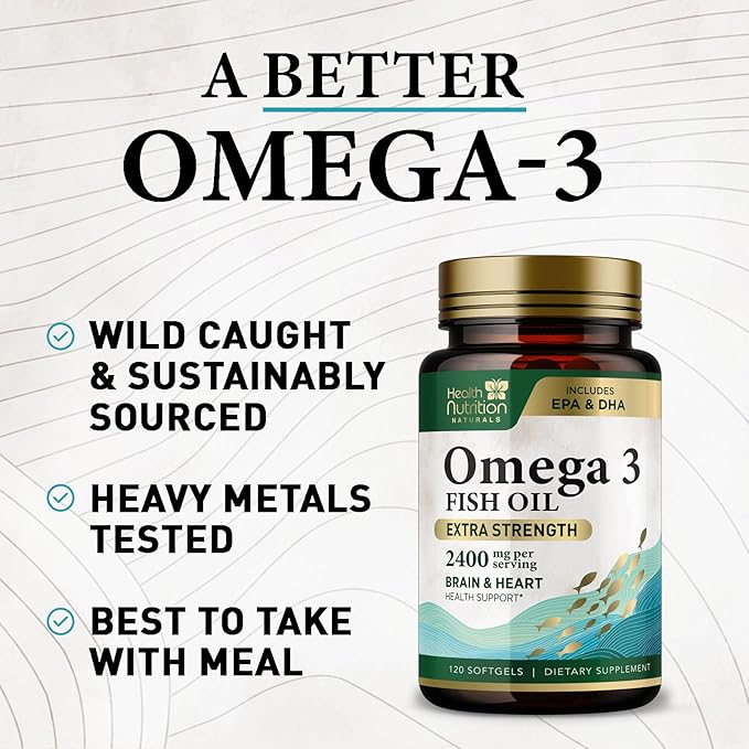 Omega 3 Fish Oil Triple Strength 1200 mg Softgels, Omega-3 Supplements, Natural Brain Heart Health & Immune Support - Fatty Acids with EPA & DHA - Wild Caught Fish Oil Supplement - 120 Softgels
