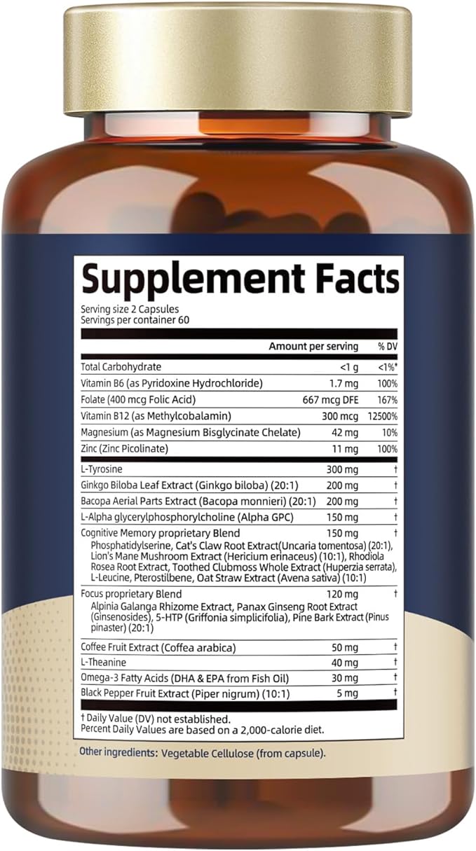25 in 1 Brain Supplements for Memory and Focus & Neuro Health - Daily Brain Nootropic Cognitive Supplement with L-Tyrosine, Bacopa Monnieri, Ginkgo Biloba, Alpha GPC - Non-GMO, Gluten Free, Vegan