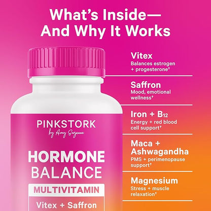 Pink Stork Hormone Balance Multivitamin - Hormone Balance for Women, PMS and Period Relief, Perimenopause, Menopause + Mood Support Supplements, Vitex + Saffron, 60 Capsules