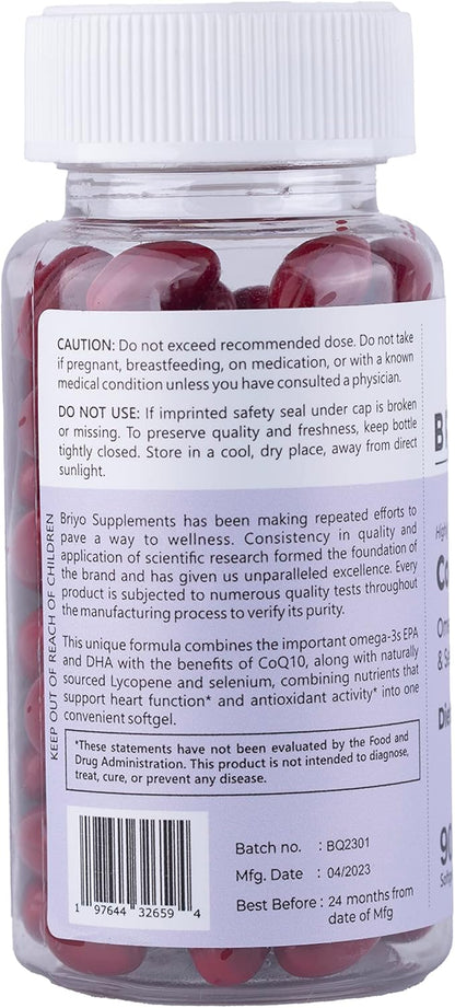 Briyo Highly absorbable CoQ10 100 mg Plus Omega-3 with Natural Form of Lycopene and Selenium, Heart Health Supplement (90 softgels)