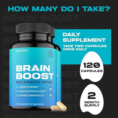 Brain Boost Nootropic Supplement | Supports Memory, Mental Focus, Cognitive Health & Energy | Promotes Healthy Mood & Brain Function | Ginkgo Biloba & DMAE | 120 Capsules
