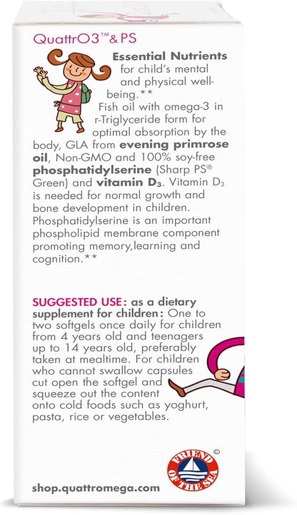 WHC, QuattrO3 & PS, Fish Oil Complex for Children, Omega-3 Triglycerides, Vitamin D3, GLA, Phosphatidylserine, Soy Free, Tutti-Frutti Strawberry Flavor, 60 Softgels