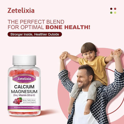 Calcium Gummies, Calcium Magnesium Zinc with Vitamin D3 & K2, Calcium Magnesium Supplement for B0nes Muscles, Grape Flavor - 60 Count