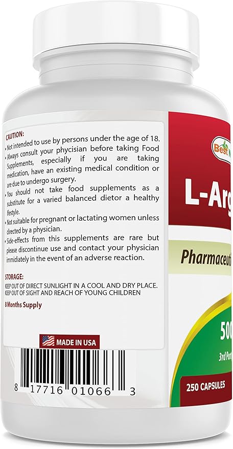 Best Naturals L-Arginine 500mg 250 Capsules - Pharmaceutical Grade L Arginine supplement promotes nitric oxide synthesis