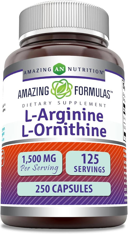 Amazing Formulas L-Arginine/L-Ornithine 1500 Mg Per Serving, Capsules | Non-GMO | Gluten Free | Amino Acid Supplement (250 Count)