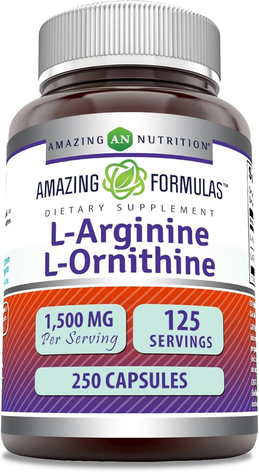 Amazing Formulas L-Arginine/L-Ornithine 1500 Mg Per Serving, Capsules | Non-GMO | Gluten Free | Amino Acid Supplement (250 Count)