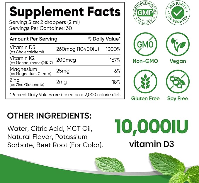 Venture Pal Vitamin D3 10000 iu Plus K2 (MK-7) 200 mcg Liquid Drops, Magnesium & Zinc MCT Oil | for Bone, Mood & Immune Health | High Absorption VIT K2 D3 Vitamin Supplement(Mint,2 Fl Oz)