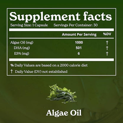Vegan Omega-3 Softgel Capsules | Algae Oil (1000 mg) | 501 mg DHA | 6 mg EPA | Helps Promote Brain Health | 1-Month Dietary Supplement