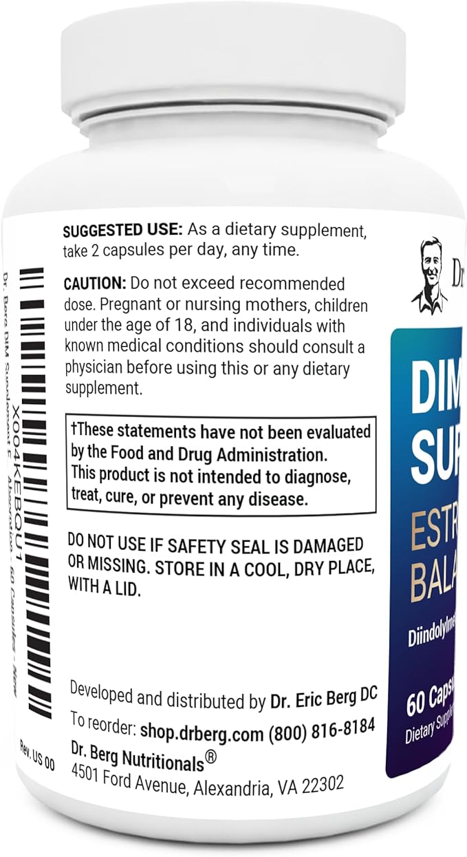 Dr. Berg DIM Supplement Estrogen Balance - Original Estrogen Supplement for Women with Diindolylmethane for Menstrual Symptoms & Menopause Relief & Black Pepper for Enhanced Absorption - 60 Capsules
