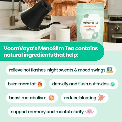 VoomVaya MenoSlim w/Black Cohosh for Menopause - Hormone Balance Supplements for Women - Relief for Bloating, Hot Flashes, Fatigue, Meno-Belly - Apple Cinnamon - 30 Teabags