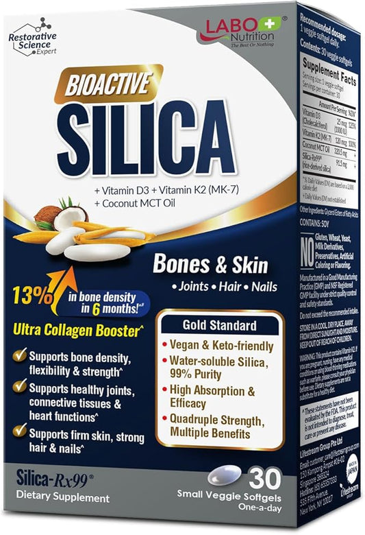 LABO Nutrition Bioactive Silica – For Hair, Skin, Nails, Collagen Formation, Joint & Bone Strength – Support Bone Health & Collagen Booster– 99% Purity Rice-Derived Silica Supplement, 30 Vegan Softgel