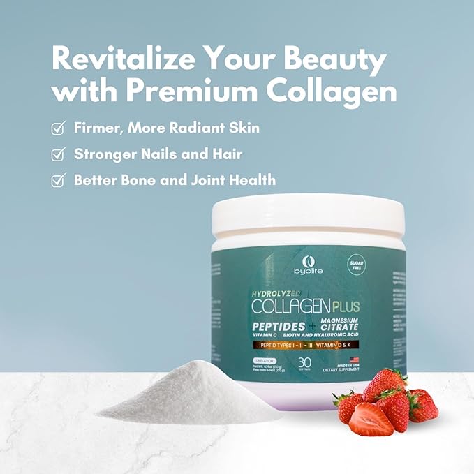 Colageno Hidrolizado para Mejorar Articulaciones + Citrato de Magnesio para tu Salud Digestiva + Peptidos I,II,III + Acido Hialuronico + Biotin + Vitamina C, D y K y Fortalece tus Uñas y Cabello