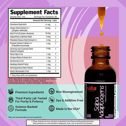 Saba Adaptogens - Super Concentrated - Eleuthero, Ginger, Rhodiola, Ginseng, Mushroom, Ginko, Acai - Supports Immune Response, Mood, Mental Performance & Fatigue -30 Servings