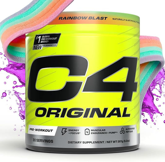 Cellucor C4 Original Pre Workout Powder Sugar Free for Men & Women 200mg Caffeine + CarnoSyn Beta-Alanine + Creatine + AI Peptides - Rainbow Blast, 30 Servings