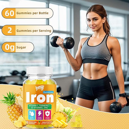 Iron Gummies with Multivitamin for Adults & Kids – Packed with Vitamin B6, B12, C, Zinc, and Folate – for Blood Health & Energy Boost – Pineapple Flavor, Vegan-Friendly, 60 Gummies
