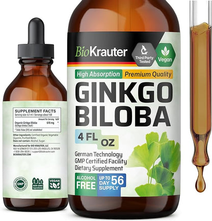 BIO KRAUTER Ginkgo Biloba Extract - Liquid Ginkgo Biloba Supplements for Brain - Vegan, Alcohol & Sugar Free - 4 Fl Oz