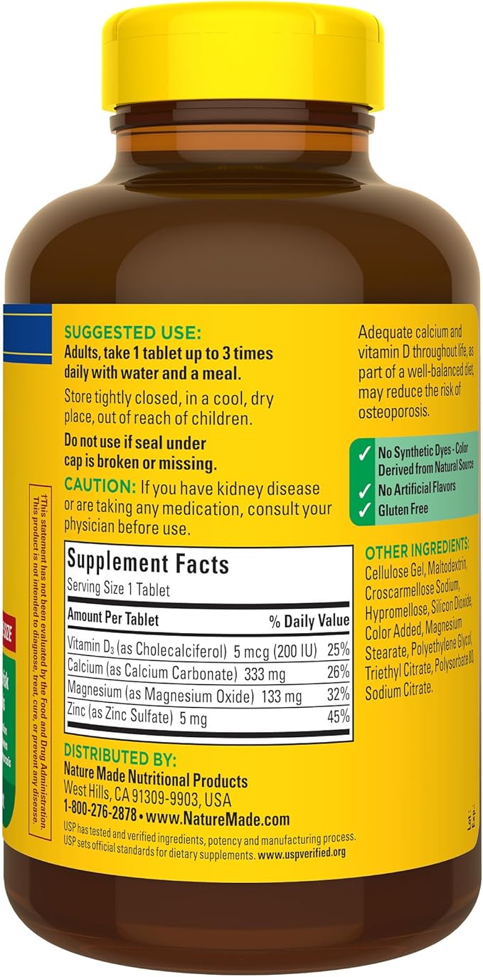 Nature Made Calcium Magnesium Zinc with Vitamin D3, Dietary Supplement for Bone Support, 300 Tablets
