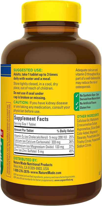 Nature Made Calcium Magnesium Zinc with Vitamin D3, Dietary Supplement for Bone Support, 300 Tablets
