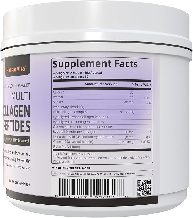 Multi Collagen Peptides Powder, Type I, II, III, V, X Hydrolyzed Collagen Protein Powder with Biotin, Hyaluronic Acid, Vitamin C for Healthy Hair, Skin, Nails, Joint, Unflavored 1.1 lbs