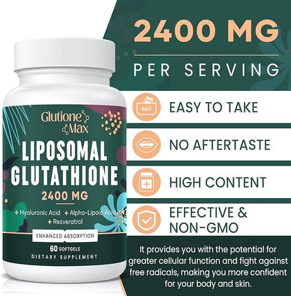 8-in-1 Liposomal Glutathione 2400 MG, High Absorption Antioxidant Formula – with Hyaluronic Acid, Alpha-Lipoic Acid, Resveratrol - Skin, Liver Detox & Immune System, 360 Softgels