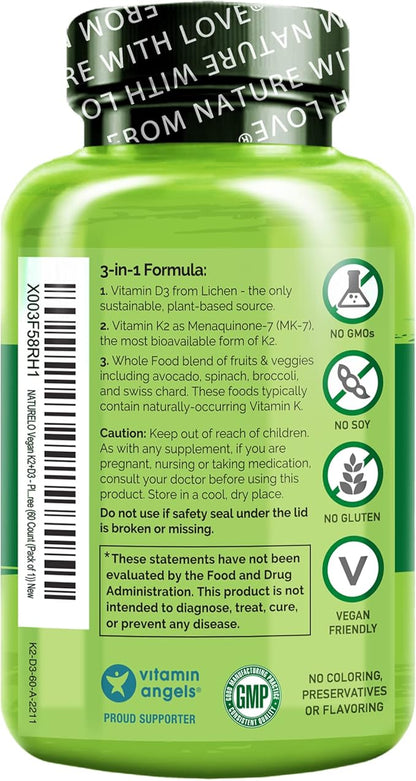 NATURELO Vitamin D3 K2 - Vegan K2+D3 with Plant Based D3 from Lichen - Natural D3 Supplement for Immune System, Bone Support, Heart Health - Whole Food - Non-GMO - Gluten Free, 60 Capsules