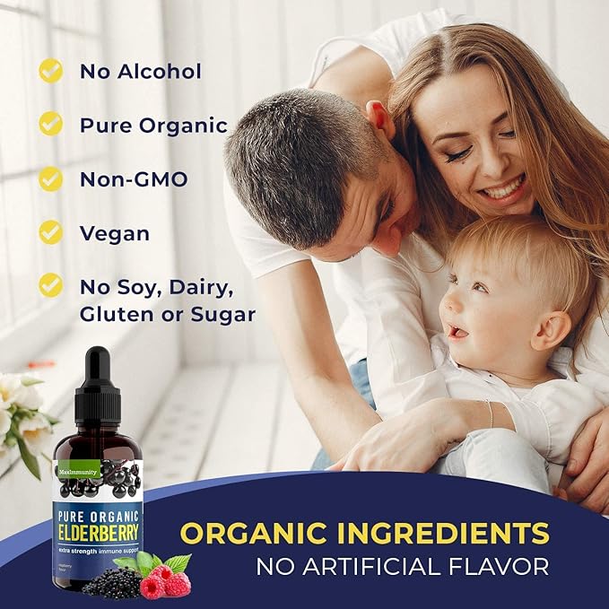 Organic Elderberry Syrup, 30 Day Supply, Black Elderberry Liquid for Immune Support, Sambucus Elderberry Syrup - Liquid Extract Drops for Kids & Adults - Extra Strength (1 Pack)