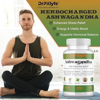 Ashwagandha Complex 5-1 Blend with Rhodiola Rosea Supplement, Maca Root, Holy Basil, Siberian Ginseng for Stress Relief, Focus, Sleep, Energy, Vitality - 180 Capsules